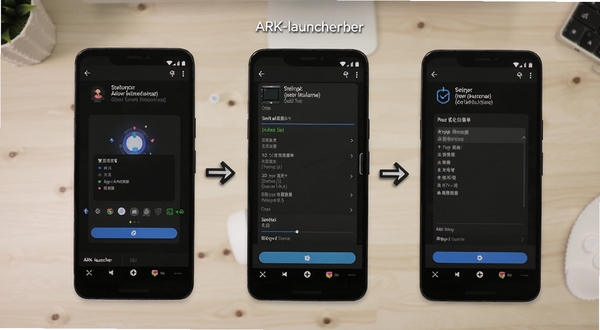 ARK-launcher 安装设置流程示意图,画面分为三个并排的手机屏幕,分别展示允许未知来源安装、设为默认桌面、电池优化白名单三个步骤,界面为深色主题,配以简洁箭头引导,背景为浅色桌面