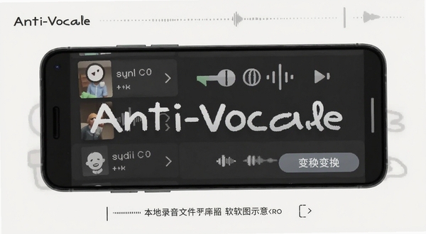 Anti-Vocale 软件功能示意图,展示本地录音文件处理流程,手机屏幕上有音频文件列表和变换按钮,简洁扁平化设计,浅色背景,突出软件名称标识