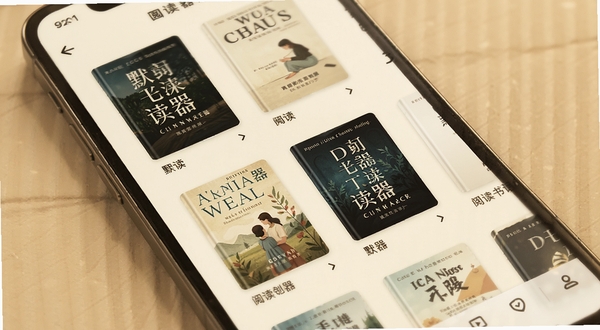 默读阅读器书架界面展示,手机屏幕中整齐排列多本电子书封面,背景为柔和米黄色调,光线温暖,界面简洁清爽,突出阅读氛围