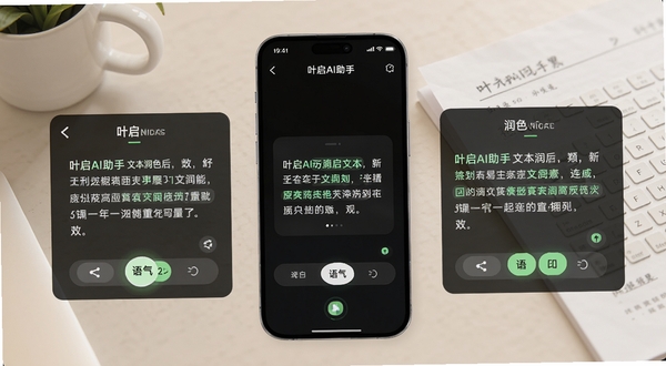 叶启AI助手文本润色功能界面,手机屏幕中央展示一段通知文字正被智能改写,左右两侧对比原文与润色后版本,界面带有高亮标记与语气选择按钮,背景为柔和浅色办公桌面,画面主体为手机与文档元素,突出叶启AI助手名称