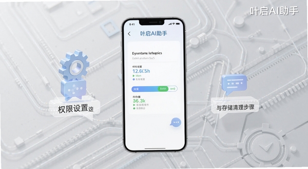 叶启AI助手移动端操作引导界面,手机屏幕展示权限设置与存储清理步骤示意图,画面包含齿轮图标、存储条与对话气泡元素,背景为浅灰科技纹理,主体手机居中,右上角标注叶启AI助手字样