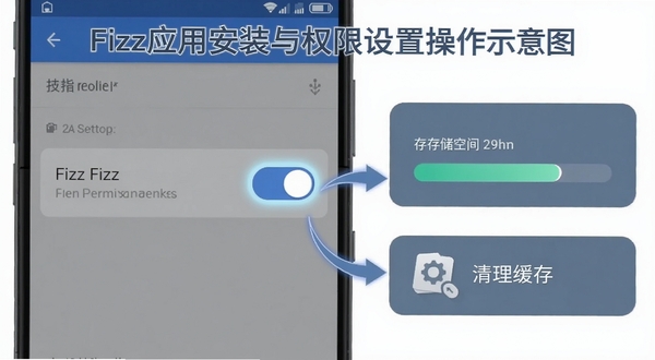 Fizz应用安装与权限设置操作示意图,画面展示安卓手机设置界面中权限开关被点亮,旁边有存储空间进度条和清理缓存的图标,整体以蓝灰色调为主,突出操作步骤的清晰指引