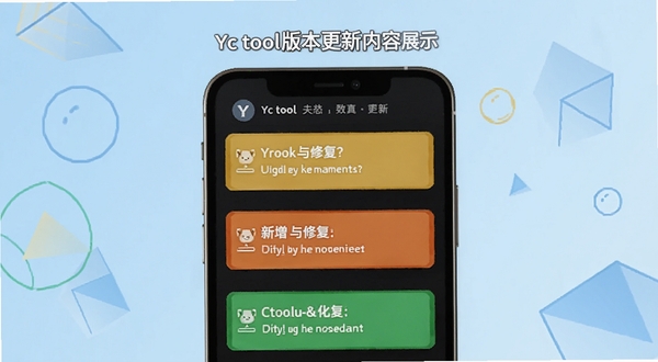 Yc tool版本更新内容展示图,画面以手机屏幕形式呈现更新日志列表,背景为浅蓝渐变配几何图形装饰,突出新增与修复条目,风格简洁明快,适配Boogu模型生成