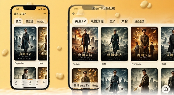 黄豆TV点播资源聚合界面预览图,手机屏幕显示电影海报网格布局,分类标签清晰,暖色调背景,简洁现代UI风格,细节丰富