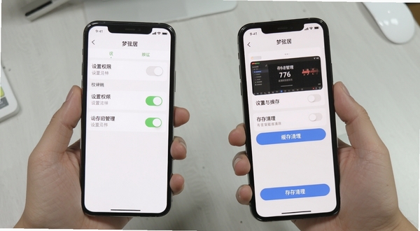 梦弦居移动端操作示意图,手持手机展示设置权限与存储管理界面,背景为浅灰色桌面环境,画面包含权限开关与缓存清理按钮细节