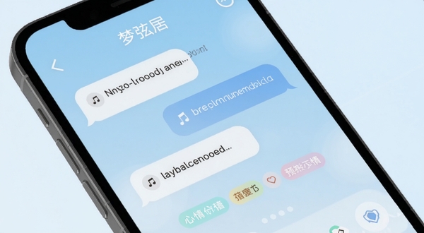 梦弦居智能对话界面预览图,手机屏幕特写,屏幕中显示柔和的气泡对话与心情标签,背景为淡蓝色渐变,画面干净明亮