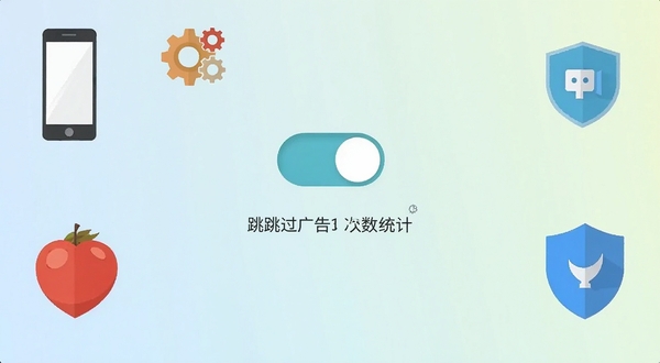 红果广告自动跳过软件主界面截图,画面中央展示简洁的开关按钮和已跳过广告次数统计,背景为浅色渐变,四周环绕手机、齿轮、盾牌等扁平化图标,整体风格清爽科技感,适合安卓应用商店展示图