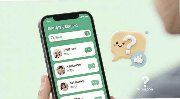AnyMate用户问答与帮助中心界面示意图,画面展示手机屏幕上的问答列表与搜索框,旁边配有对话气泡与问号图标,背景为柔和浅绿色调,整体风格亲切友好,突出答疑解惑的使用场景,适配Boogu模型生成