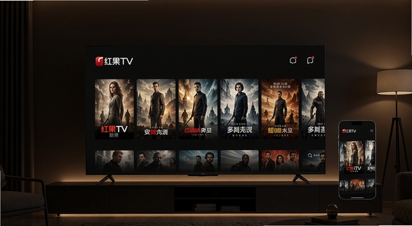 红果TV软件主界面全貌展示,画面中央是横向排列的影视海报墙,背景为深色渐变客厅场景,电视大屏与手机小屏并排摆放,整体风格简洁现代,暖色调灯光点缀