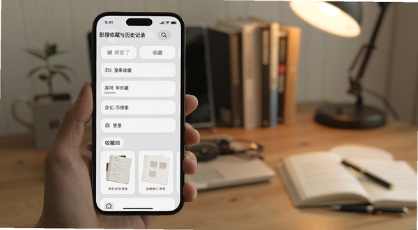 影搜收藏与历史记录页面展示,手机屏幕显示历史搜索词列表和收藏夹卡片,界面采用浅灰底色与圆角卡片设计,背景为柔和的书桌场景,突出整理与复用的氛围