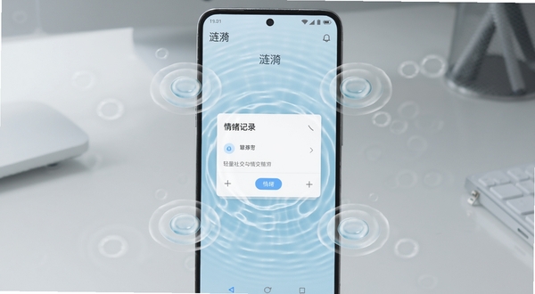 画面中央是一部竖屏安卓手机,屏幕显示“涟漪”应用主界面,淡蓝色水波纹背景,界面中央有简洁的情绪记录卡片,四周漂浮着半透明圆形涟漪扩散动画元素,背景为浅灰渐变的工作桌面,柔和自然光,整体风格清爽极简,突出轻量社交与情绪记录的产品气质