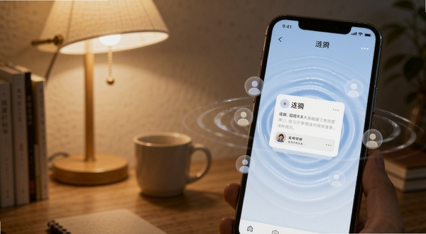 画面展示“涟漪”应用中低打扰社交互动的场景,一部手机屏幕显示淡蓝色波纹界面,几条轻柔的水波线条从内容卡片向外扩散,旁边有半透明的小圆点代表共鸣用户,背景为安静的书桌一角,暖色台灯光,整体氛围安静克制,体现弱连接社交的舒适感