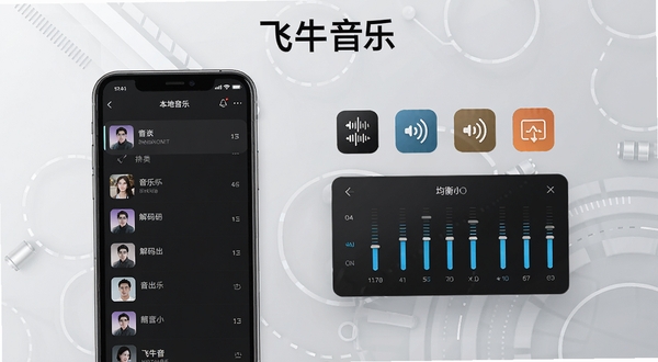 飞牛音乐功能展示图,画面左侧为手机界面显示本地音乐分类列表,右侧悬浮展示音频解码格式图标与均衡器调节面板,背景为浅灰色科技纹理,飞牛音乐字样出现在画面顶部,整体构图清晰突出功能细节