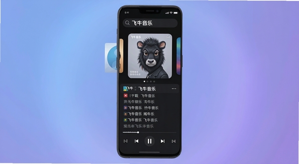 飞牛音乐安卓版主界面展示,手机屏幕中央呈现深色主题音乐播放器界面,顶部为搜索栏与飞牛音乐文字标识,中部为专辑封面与歌词滚动区域,底部为播放控制按钮,背景为柔和的蓝紫色渐变光晕,整体风格简洁现代,适合软件下载站展示