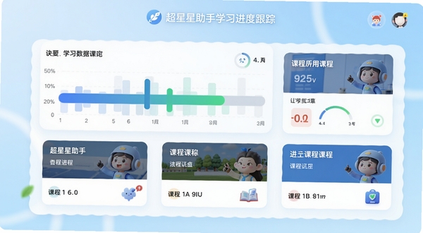 超星助手学习进度跟踪界面,画面主体为进度条形图与课程卡片,背景为淡蓝色渐变,整体风格清新,突出数据可视化效果