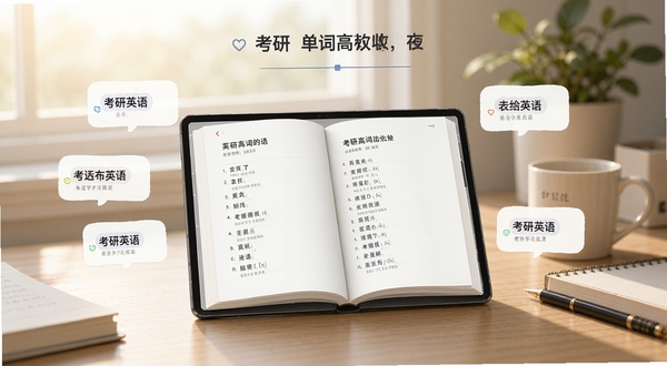 考研单词软件主界面展示,画面中央是一本翻开的电子单词书,周围环绕着考研英语高频词汇卡片,背景为清晨书桌场景,柔和自然光线,整体风格清新简约,适合学习类应用宣传图