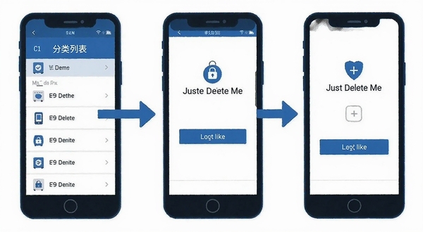 Just Delete Me 手机端操作步骤示意图,展示从分类列表点击进入账号删除页面的流程,简洁扁平化插画风格,蓝白配色