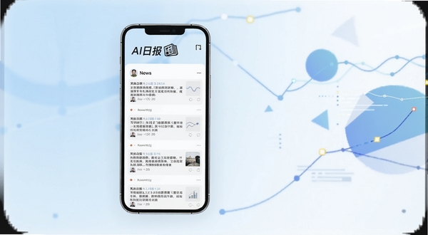 画面主体位于画面中央偏左位置,展示一部竖屏智能手机,屏幕内呈现简洁的新闻信息流界面,顶部有AI日报字样标识,背景区域为浅蓝色渐变到白色的柔和过渡,右侧点缀抽象的几何图形与数据线条,整体风格清新现代,适合软件下载站展示图,画质清晰,构图平衡