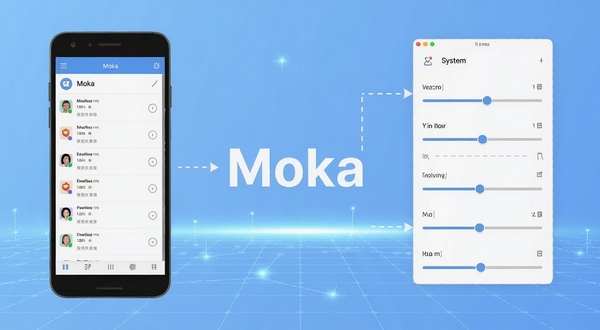 Moka软件功能展示图,画面左侧为手机屏幕显示应用管理列表,右侧为系统参数调节滑块面板,中间用虚线箭头连接,背景为淡蓝色科技感网格,整体风格扁平简约,突出软件名称Moka字样