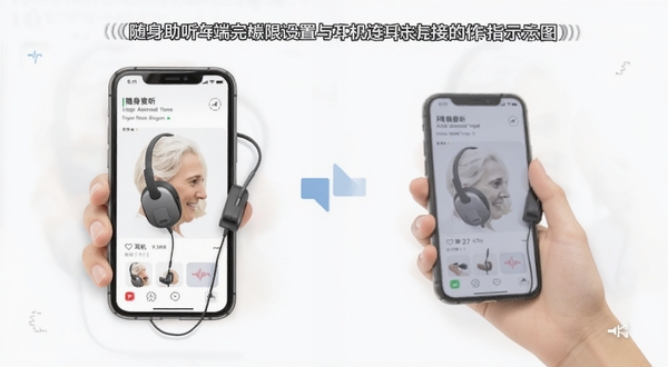 随身助听在手机端完成权限设置与耳机连接的操作指引示意图