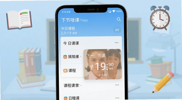 一款名为下节啥课的安卓手机应用界面展示,画面中央是手机屏幕特写,屏幕上清晰显示今日课程列表与下一节课倒计时卡片,背景为浅蓝色渐变的教育场景虚化图案,四周点缀书本、时钟与铅笔的扁平化图标,整体风格清新简约,适配应用商店宣传图比例