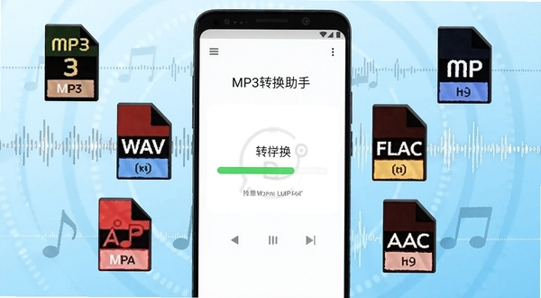 画面主体为一部竖屏安卓手机居中放置,屏幕中显示MP3转换助手的转换进度界面,周围漂浮着MP3、WAV、FLAC、AAC等格式图标与音频波形线条,背景为浅蓝渐变科技感空间,整体干净明亮,突出音频格式转换主题