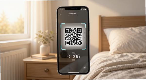 QRAlarm扫码闹钟应用整体界面展示,手机屏幕中央显示二维码扫描取景框与闹钟时间,背景为清晨卧室床头柜场景,柔和晨光从窗户照入,画面干净清晰,产品摄影风格,突出应用核心功能全貌