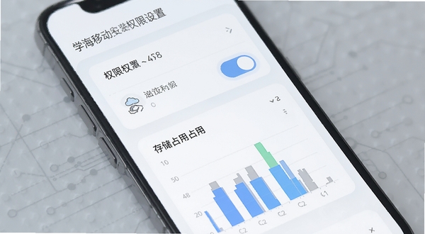 学海移动端安装权限设置与缓存管理界面示意,手机屏幕展示权限开关与存储占用条形图,浅色背景,简洁科技感