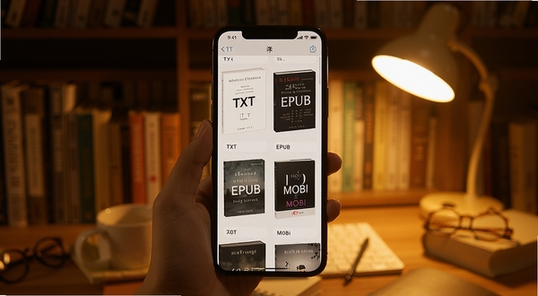 闲读软件多格式本地书籍解析界面展示,手机屏幕中排列着TXT、EPUB、MOBI格式的书籍封面,背景是温馨的书房环境,暖色调灯光