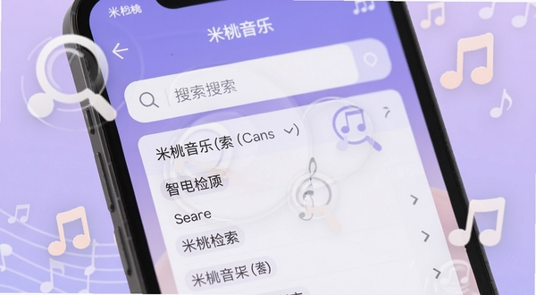 米柚音乐搜索界面特写,手机屏幕中显示搜索框与下拉联想词列表,屏幕周围环绕放大镜图标与音符符号,背景为淡紫色渐变,突出智能检索与快速匹配的功能氛围