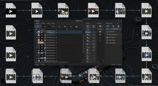 XDRemux软件主界面全貌展示,画面中央为软件轨道列表与功能按钮区域,背景为简洁的深色科技感桌面环境,四周环绕音视频文件图标与封装流程示意线条,整体风格干净专业,突出媒体处理工具的科技属性