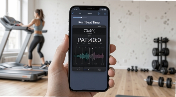 PushBeat Timer软件界面展示节拍计时同步功能,手机屏幕居中,背景为简约健身场景