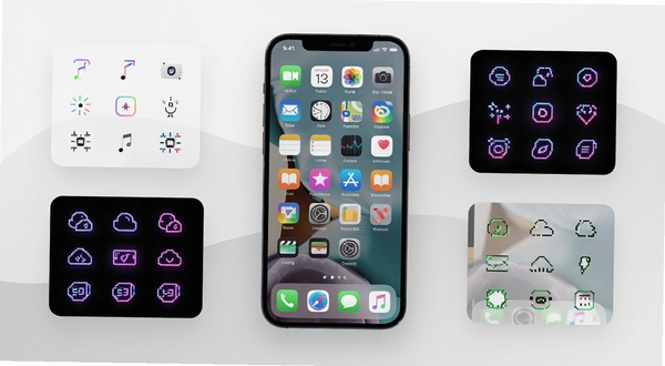 CraftEcho Icons 软件主界面全貌展示,画面中央为手机桌面图标网格排列效果,四周环绕极简线条、渐变霓虹、像素复古三种图标风格预览卡片,背景为浅灰渐变纯色区域,整体构图居中对称,适配Boogu模型生成,高清细节,柔和光影