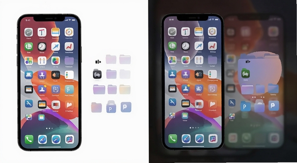 CraftEcho Icons 桌面主题整体包装效果图,展示手机桌面在统一主题下的图标、壁纸、文件夹样式协调搭配,画面中有极简风格与渐变风格两套主题对比展示,背景为纯色留白区域,构图平稳,适配Boogu模型生成