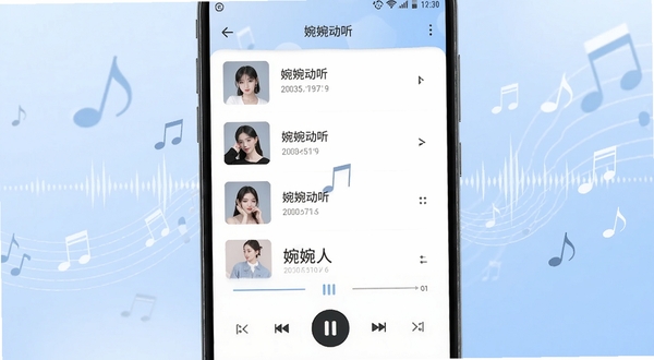 一款名为婉婉动听的安卓音频播放软件界面展示,画面中央是手机屏幕特写,屏幕内显示简洁的音乐播放列表与播放控制按钮,背景为柔和的浅蓝色渐变,周围点缀流动的音符与声波线条,整体风格清新现代,适配Boogu模型生成