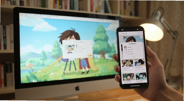 AniSearch 截图识别功能演示图,画面中一只手拿着手机对准电脑屏幕上的动画画面,手机屏幕内出现识别结果弹窗与作品卡片列表,背景为书房环境,光线柔和