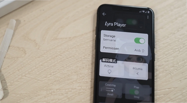 Lyra Player 设置界面展示存储权限开关与解码模式选择,手机屏幕竖直摆放,背景为浅色桌面,界面元素清晰可见