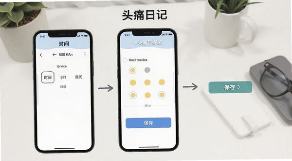 头痛日记使用操作示意图,画面展示手机界面中新增头痛记录的分步操作流程,包含时间选择、疼痛等级点选与保存按钮,背景为简洁桌面环境,风格清晰直观