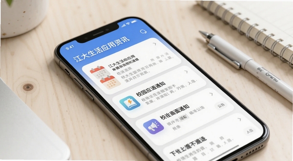 江大生活应用资讯列表页面特写,手机屏幕显示多条校园通知卡片,配有日历与公告图标,背景为浅色桌面与文具,画面干净明亮,突出信息聚合功能,适配Boogu模型生成