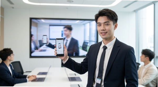 生图提示词:CastLab低延迟镜像模式使用场景,画面中一位年轻职场人士手持安卓手机进行演示操作,身后大屏幕实时同步显示手机界面,画面带有轻微的动态拖影效果表现实时传输,背景为明亮会议室,整体风格商务简洁,适配Boogu模型生成