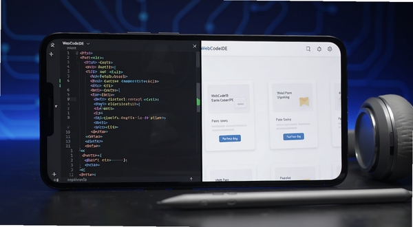 WebCodeIDE 实时预览功能界面图,画面展示一部横屏放置的安卓手机,屏幕被分为左右两半,左半部分为代码编辑区显示彩色高亮的 HTML 代码,右半部分为网页预览区显示一个简洁的卡片式网页布局,手机旁边放着一支触控笔和一副耳机,背景为深蓝色科技感渐变,画面聚焦于分屏操作的便捷性,细节清晰,光影柔和