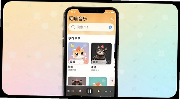 觅喵音乐主界面展示,手机屏幕居中构图,浅色渐变背景,界面中可见搜索框、推荐歌单与底部播放条,整体风格清新简约,画面比例为16比9,适合软件下载站配图