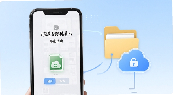 琪遇台账数据导出与备份操作示意画面,手机屏幕显示导出成功提示与表格文件图标,旁边有备份文件夹与云朵形状的存储符号,背景为浅蓝渐变,光线均匀,整体突出数据安全与整理收纳的视觉主题