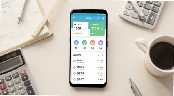 琪遇台账应用主界面全貌展示,画面中央是一部竖向摆放的安卓手机,屏幕内呈现清爽的记账首页,包含收支概览卡片、分类图标与最近流水列表,背景为浅米色桌面环境,周围点缀账本、计算器与咖啡杯等办公生活元素,整体色调柔和明亮,构图居中稳定,突出软件界面细节与真实使用氛围