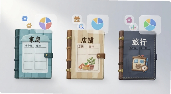 琪遇台账多账本管理功能展示,画面中并排陈列三本风格不同的虚拟账本封面,分别标注家庭、店铺与旅行字样,账本上方悬浮半透明的分类图标与统计饼图,背景为浅灰渐变空间,光线从左上角柔和投射,整体呈现简洁现代的工具类应用视觉风格