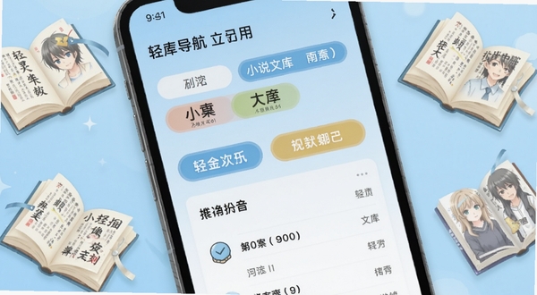 轻小说文库应用分类导航界面特写,手机屏幕展示多个题材标签与排行榜列表,界面配色清爽,背景为浅蓝色渐变,周围点缀几本翻开的轻小说书籍插画,整体呈现数字化阅读的现代感