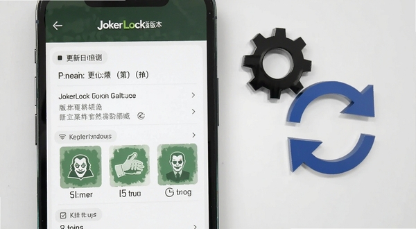 JokerLock版本更新功能展示图,手机屏幕显示更新日志列表与新增功能图标,背景为浅灰色简约风格,旁边放置齿轮与刷新箭头元素,体现软件迭代升级感
