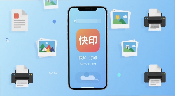手机屏幕中央展示快印应用主界面,浅蓝色渐变背景,周围环绕文档、照片、打印机图标,画面简洁明亮,扁平化设计风格,突出移动打印场景