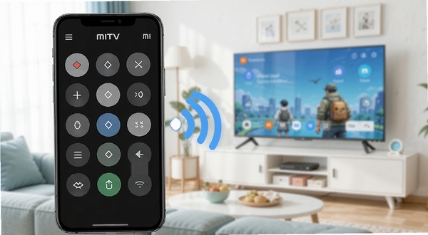 MiTV Control 软件主界面全貌展示,画面中央是一部智能手机屏幕显示虚拟遥控器按键布局,背景为客厅环境中的小米电视,整体色调清新明亮,采用扁平化UI设计风格,突出手机与电视之间的无线连接关系,画面比例为16比9,适合软件下载站展示
