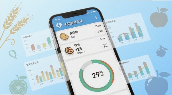 卡路里日记功能界面特写,画面主体为手机屏幕中显示的食物热量检索列表与环形进度统计图,屏幕周围有半透明的数据图表浮层,背景为淡蓝色渐变,点缀少量麦穗与水果剪影元素,整体呈现科技感与健康感融合的视觉效果